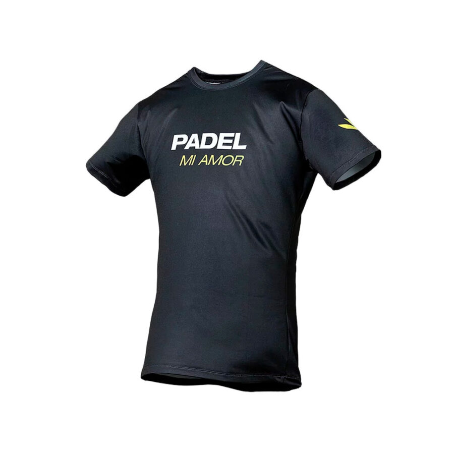 Black men's crew-neck padel shirt with lettering